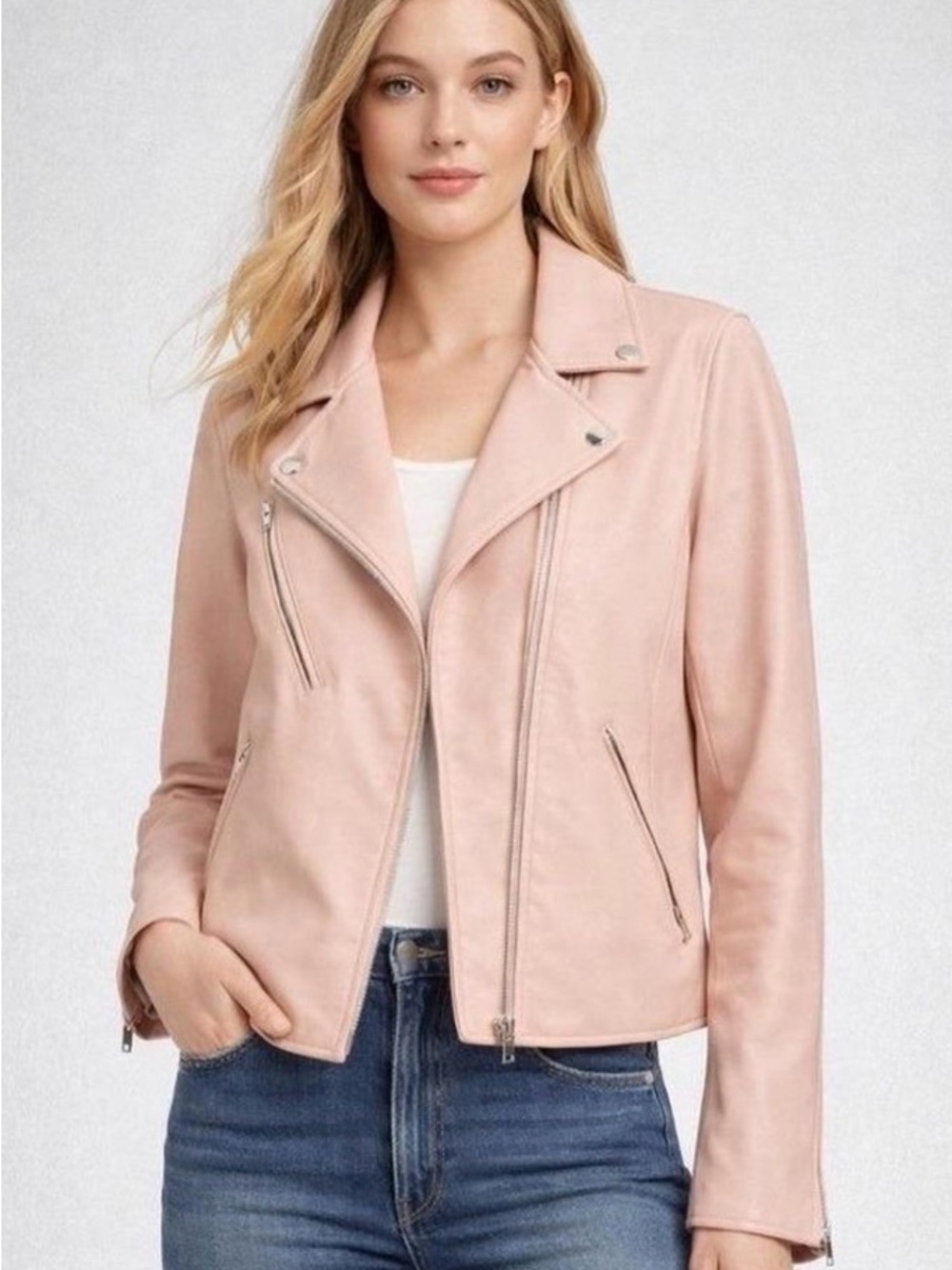Women's Uniqlo Blush Pink Moto Jacket - Sleek Biker Style - Faux Leather